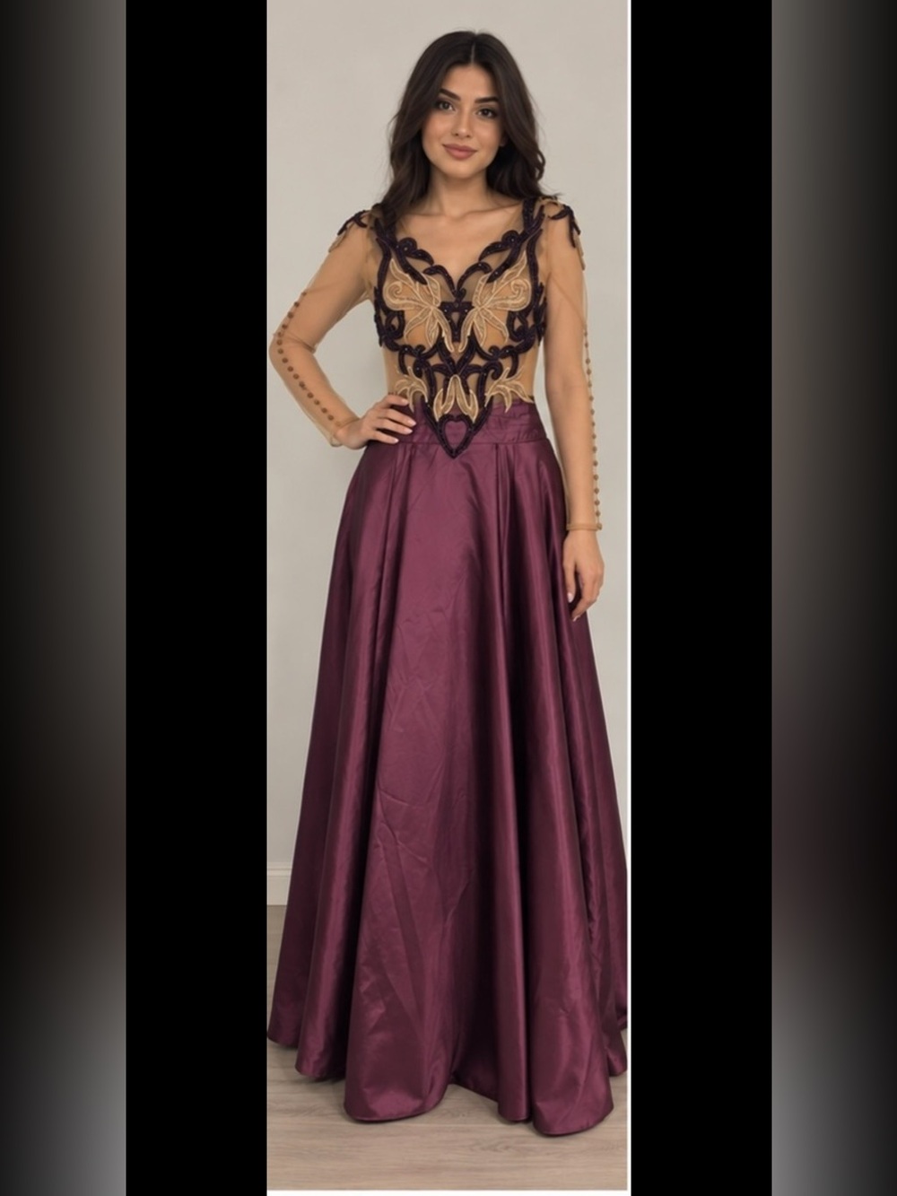 Elie Saab Plum Ball Gown with Nude Illusion Embellished Bodice